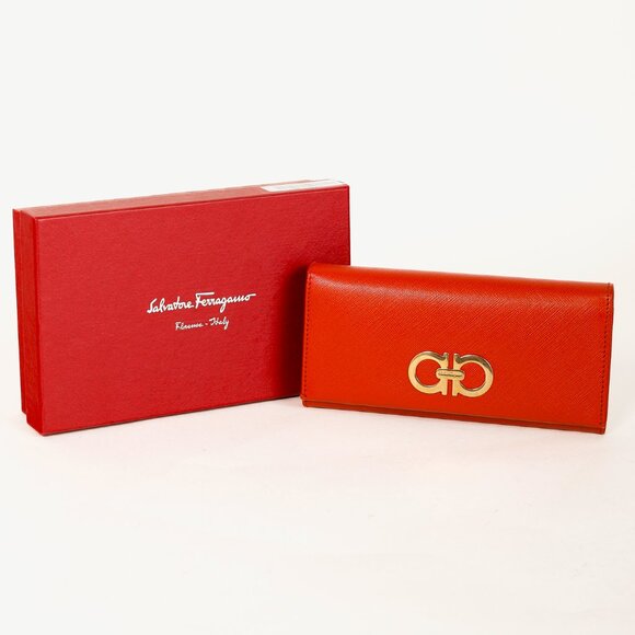 Salvatore Ferragamo Dark Orange Gancini Saffiano-Leather Continental Wallet - Picture 12 of 12